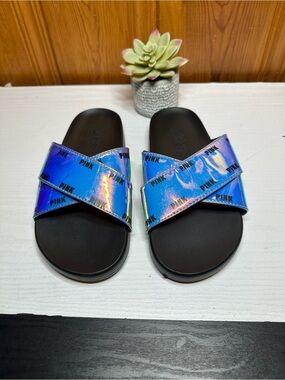 Victoria's Secret PINK Iridescent Blue Slide Sandals